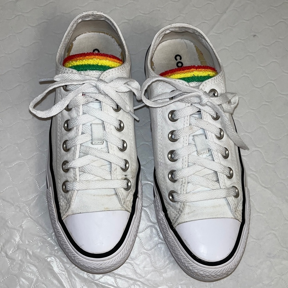Converse white rainbow multi tongue low top sneakers